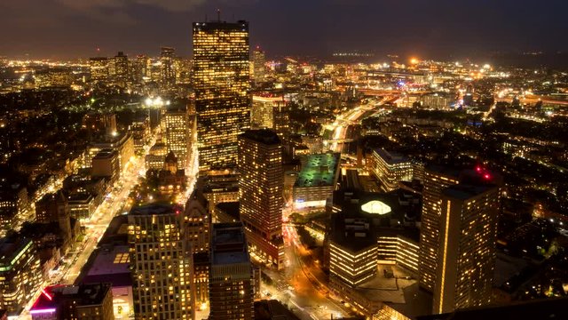 a night time lapse of boston's financial district from the observation deck of skywalk in boston, massachusetts