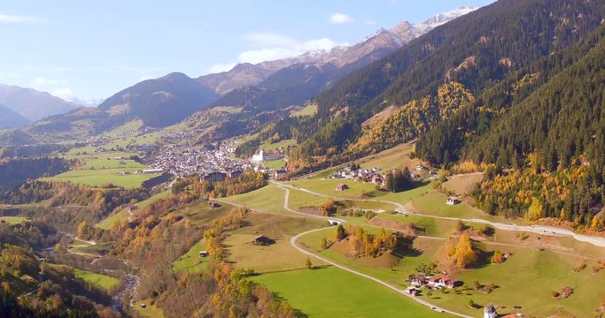 Aerial view in Grisons in the Rhine valley near Disentis on a sunny autumn day in Switzerland
