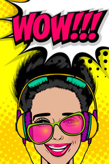 Woman in sunglasses earphones listen music. Face pop art style. Girl smile face vintage. Disco musical banner. Vintage poster WOW kitsch comic text WOW. Summer party empty speech bubble for text