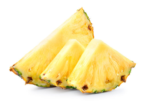 Pineapple slices isolated on white background. Fresh raw juicy fruit.