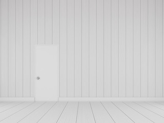 3D Stimulate of minimal room with white door on the white plank wood floor and wall,concept of minimal space