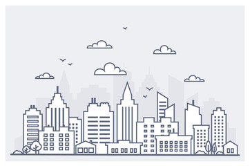 Fototapeta premium Thin line City landscape. Downtown landscape with high skyscrapers. Panorama architecture City landscape template. Goverment buildings Isolated outline illustration. Urban life