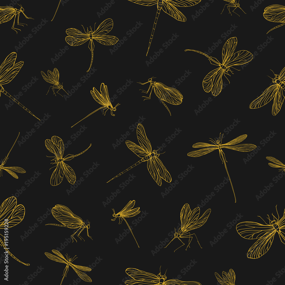 Aufkleber seamless pattern with dragonflies hand drawn with yellow contour line on black background. backdrop 
