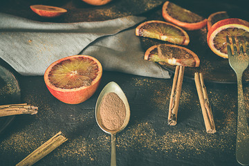 Blood oranges and cinnamon.Moody food and dark food