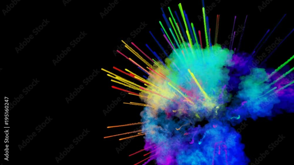 Poster explosion of powder isolated on black background. 3d animation of particles as colorful background o