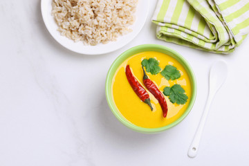 Vegetarian curry Gujarati Kadhi with chickpea and yogurt