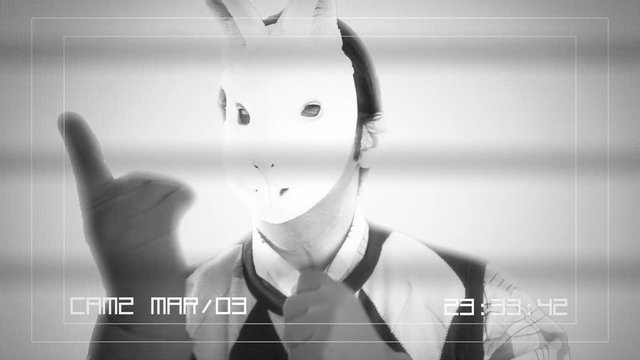 A CCTV security camera recording: a scary ugly nerd wearing a bunny mask and red gloves, inviting the viewer with his finger.
