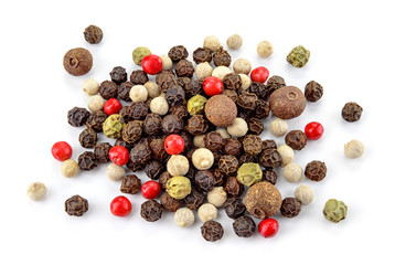 Black, red, green, white and allspice peppercorns isolated on white background. Heap of spice. Mix...