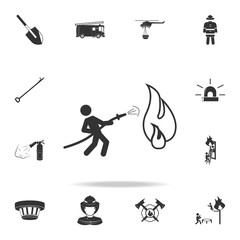Fireman holding hose extinguishing fire with water icon. Detailed set icons of firefighter element icons. Premium quality graphic design. One of the collection icons for websites