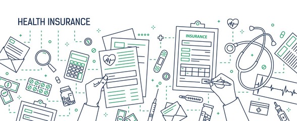 Horizontal banner with hands filling out form of health insurance surrounded by dollar bills and coins, documents, medicines drawn with contour lines. Monochrome vector illustration in lineart style.