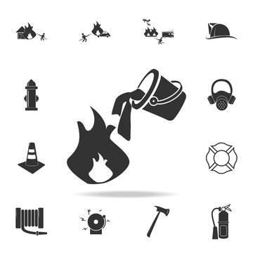 Water bucket extinguishing a fire icon. Detailed set icons of firefighter element icons. Premium quality graphic design. One of the collection icons for websites, web design