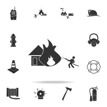to extinguish a house with a hose icon. Detailed set icons of firefighter element icons. Premium quality graphic design. One of the collection icons for websites, web design