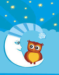 Cute owl and Moon