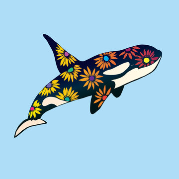 Killer whale with yellow daisy flowers print on skin, hand drawn doodle sketch, isolated vector color illustration on blue background