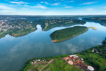Aerial view of Parana River on the border of Paraguay and Brazil.