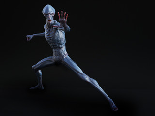3D rendering of an alien creature ready to fight.