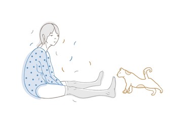 Beautiful girl dressed in dotted bodysuit and stockings and cat hand drawn with contour lines on white background