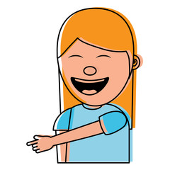 portrait laughing young woman pointing with finger something