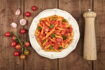 Overhead photo of penne pasta with tomato sauce and ingredients with copy space