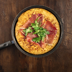 Overhead photo of Spanish tortilla with copy space