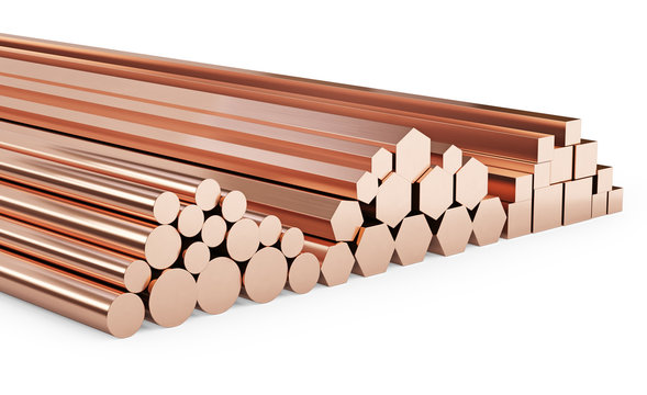Set of copper rods of different types. Round, square, hexagonal rolled metal products. Isolated on white background, clipping path included. 3d illustration. 