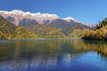 Mountain lake Ritsa in the late autumn. Abkhazia.