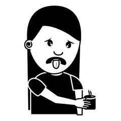 portrait young woman holding in hand beverage unpleasant