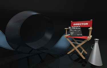 Film director's chair with horn and film clamp Camera film strip waving on dark cinema background 3d illustration