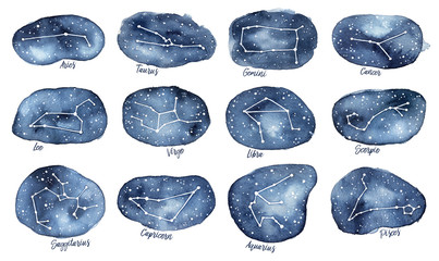 Set of all 12 Zodiac Signs as Constellations in the Dark Starry Sky. With written names. Hand drawn decorative water color gradient drawing on white background, cut out. Banners, clip art, decor. © Julija