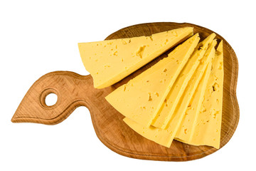 Cutting board with chopped cheese isolated on white background