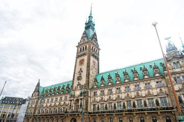 Hamburg city hall building with tower on cloudy sky, Germany