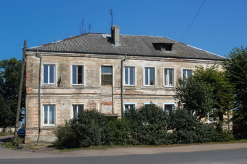 View of the old german shabby buildings in Pravdinsk (prior Friedland), Russia. Pravdinsk was founded in 1312 by the Teutonic Knights. The city is located 53 km. of Kaliningrad (Konigsberg).