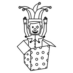 joker with clown mask in the box prank hands up fools