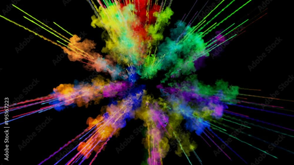 Poster explosion of powder isolated on black background. 3d animation of particles as colorful background o