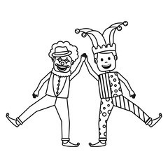 funny happy clown and man with jester clothes hat characters