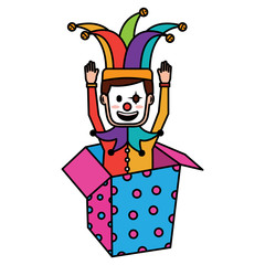 joker with clown mask in the box prank hands up fools