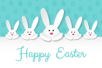 Concept of Easter decoration with cute bunnies and greetings. Vector.