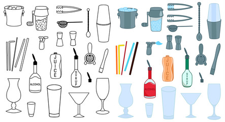 Set of Barman accessories vector colored illustration sketch icon