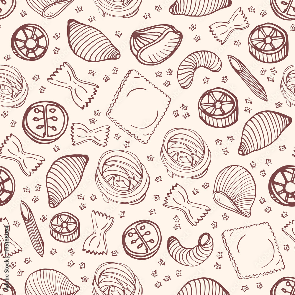 Poster monochrome seamless pattern with various types of raw pasta hand drawn with contour lines on light b
