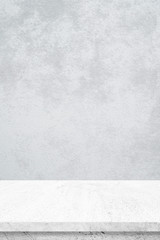 Empty white cement table over gray cement wall background, banner, table top, shelf, counter design for product display montage