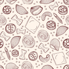 Monochrome seamless pattern with various types of raw pasta hand drawn with contour lines on light background - farfalle, conchiglie, rotini, rotelli, ravioli. Vector illustration for textile print.