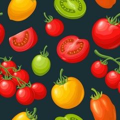 Seamless pattern with tomato half, slice and branch.