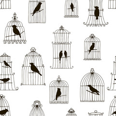 vector seamless pattern with birds in cages