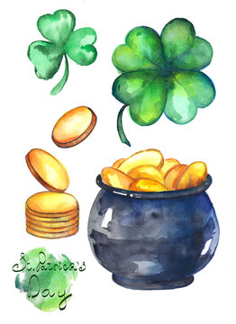 A collection of watercolor illustrations for St. Patrick's Day. Clover with four leaves, gold and pot.