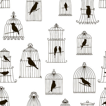 vector seamless pattern with birds in cages