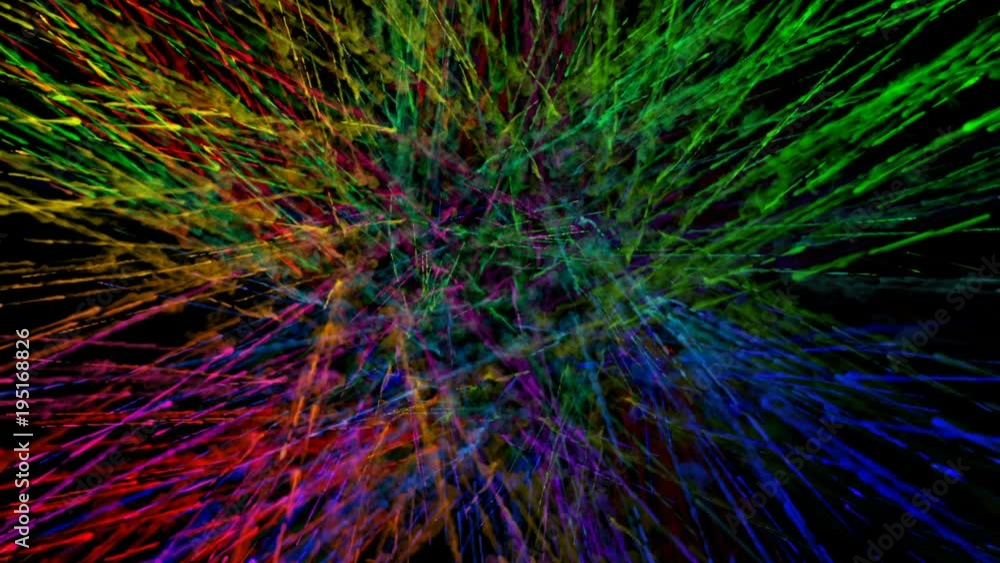 Poster explosion of powder isolated on black background. 3d animation of particles as colorful background o