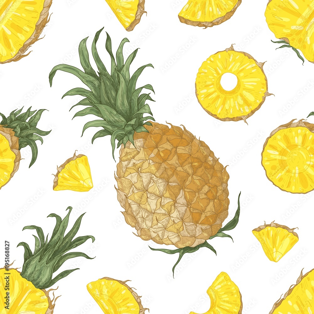 Poster seamless pattern with whole and cut pineapples on white background. backdrop with exotic tropical ri