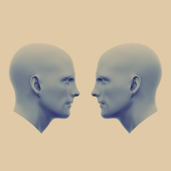 two male heads facing each other. Minimalistic abstract art. Communication concepts. 3d rendering illustration