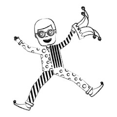 man jumps happy with silly glasses and jester hat