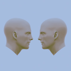 two male heads facing each other. Minimalistic abstract art. Communication concepts. 3d rendering illustration